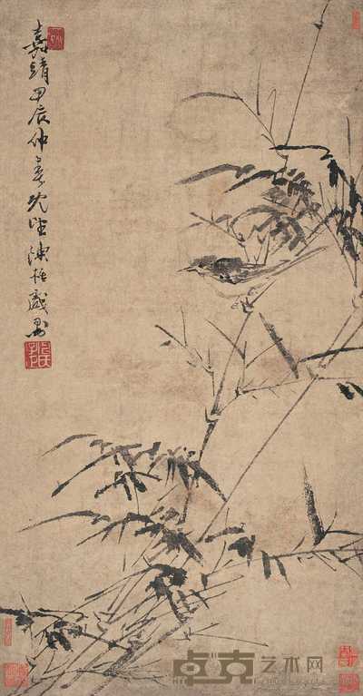陈栝 甲辰(1544)年作 竹雀图 立轴 58.5×30cm